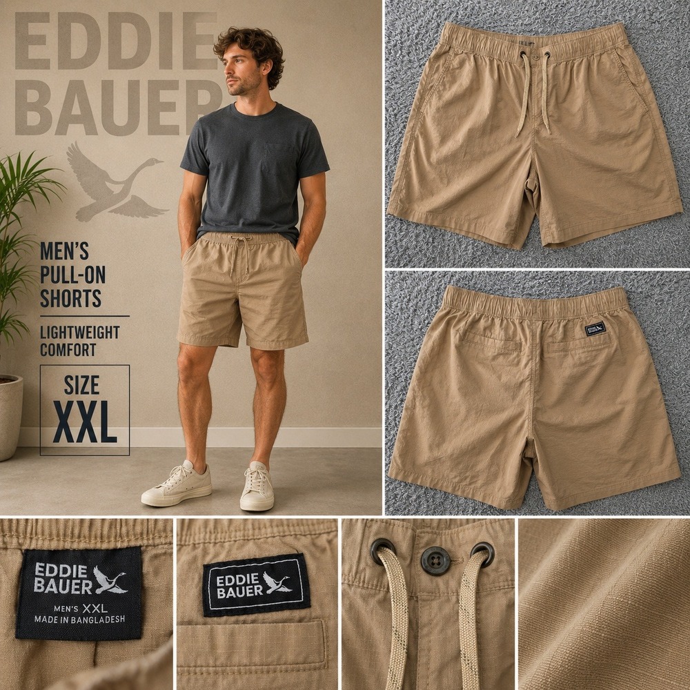 Eddie Bauer Mens XXL Pull On Shorts Tan Khaki Ripstop Lightweight Elastic Waist
